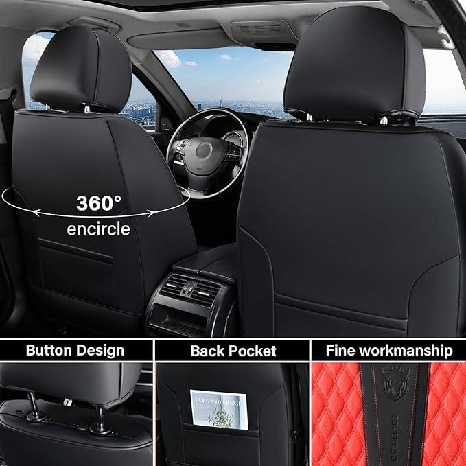 Coverado Car Seat Covers Front Seats, Luxury Faux Leather Seat Covers for Cars Waterproof Seat Covers with Lumbar Support, Car Seat Protector Universal Fit for Most Cars SUV Truck(Red&Black)