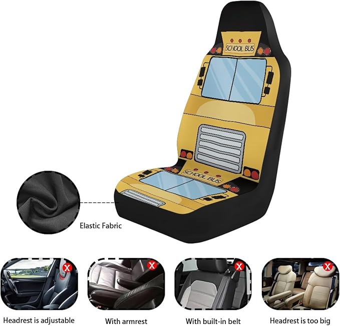 Car Seat Covers Set of 2 Universal Funny School Bus Front Seat Cover Fit for Cars Truck SUV Van, Stretch Polyester Fabric Cover Protection Interior Accessories, Easy to Install