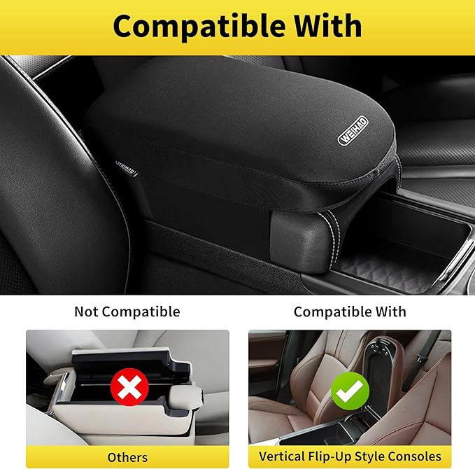 Soft Memory Foam Car Armrest Cushion Pad - Thick 12.6x7.5x2 inch, Washable Polyester Fabric Arm Rest Cover Pad, Thick Center Console Cover Cushion for Cars, Sedans, SUVs, most Vehicles (Black-1PC)