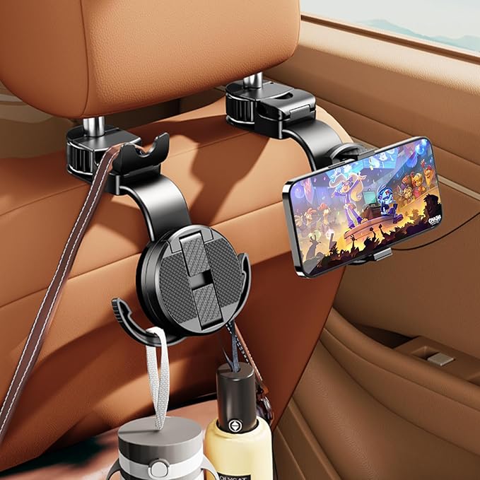 1 Pack Headrest Hook for Car Seat Back with Phone Holder, Multifunctional Car Seat Hooks for Purses and Bags Handbag Grocery Bag, Purse Hanger Car Organizers and Storage Accessories Interior
