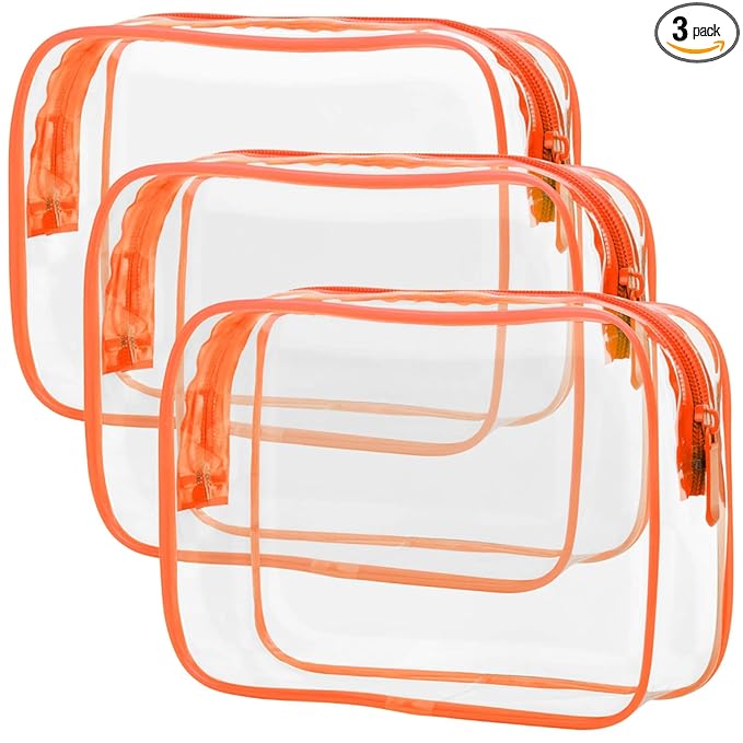 PACKISM Clear Makeup Bag with Zipper, 3 Pack Beauty Clear Cosmetic Bag TSA Approved Toiletry Bag, Travel Toiletry Bag, Quart Size Bag Carry on Airport Airline Compliant Bag, Orange
