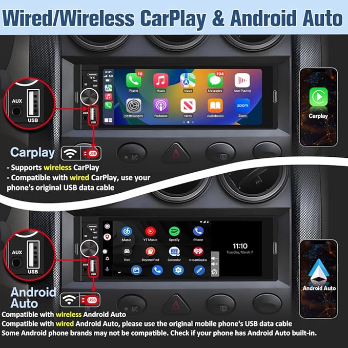 Universal Single Din Car Stereo with Wireless CarPlay & Android Auto, 6.36 Inch IPS Touch Screen Head Unit with Backup Camera/External Microphone, Car Radio Supports Bluetooth/SWC/FM/USB/TF