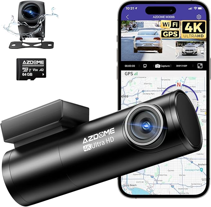 AZDOME M300S 4K Ultra HD Dual Dash Cam Front and Rear, Free 64GB Card, Built-in WiFi GPS Voice Control Car Camera, Night Vision, ADAS, 24 Hours Parking Monitor, Loop Recording (Matte Black)