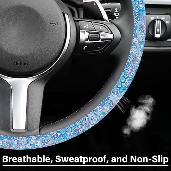 Blue Bohemian Pattern Steering Wheel Cover, Cute Print Steering Wheel Cover Protector, Ultra Thin Breathable Non-Slip, Car Accessories for Women, for Steering Wheel with a Diameter of 14.5"-15"