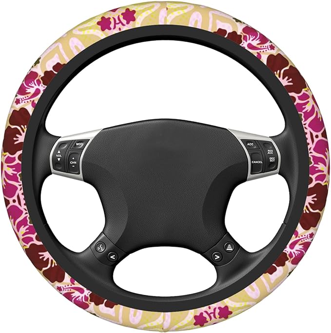 Hawaiian Hibiscus Pattern Car Steering Wheel Cover Anti-Slip Breathable and Sweat Absorption Neoprene Universal 14-15 Inch Inches Car Accessories
