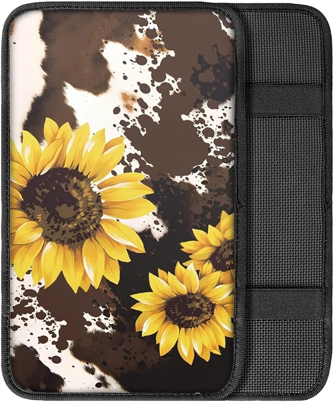 Sunflower Car Armrest Cover Protector Brown Cow Print Auto Center Console Cover Pad,Car Armrest Seat Box Cover Cushion Car Accessories Decor Universal for Most Car Sedan SUV