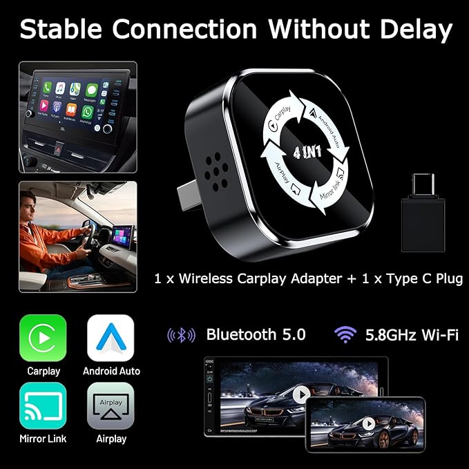 Wireless CarPlay Adapter 4-in-1,2026 Upgraded Screen Mirroring,Support Mirror Link/AirPlay for Apple CarPlay & Android Auto,for Cars with Wired CarPlay, Fast Auto-Connection, Plug & Play