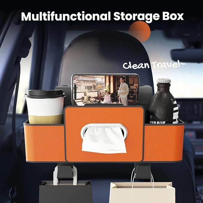 3-in-1 Car Backseat Organizer, 2025 New Multifunctional Car Seat Back Storage Box, Multifunctional Car Back Seat Storage Organizer-Carstorage Bag with 2 Cup Holders, Tissue Box, Hooks (Orange)
