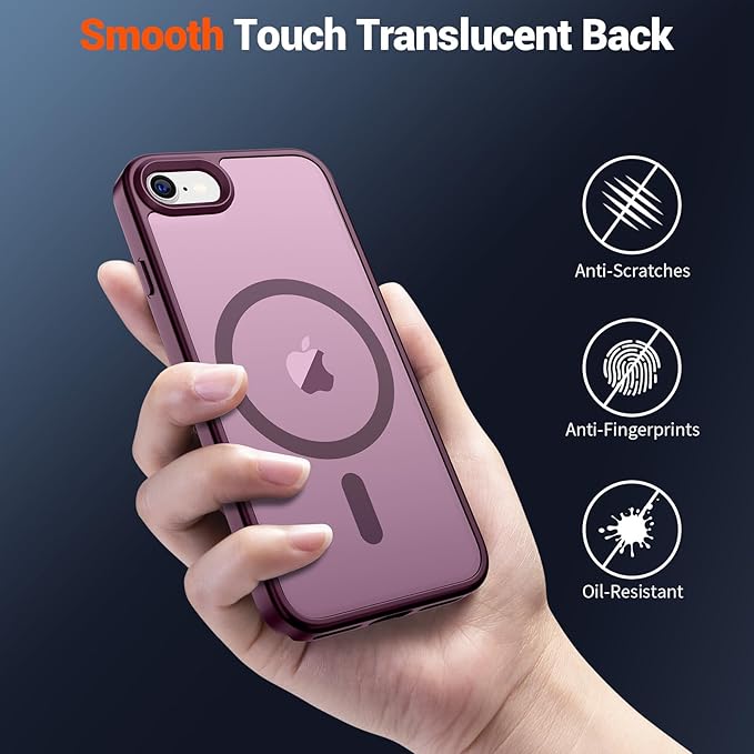 SUPFINE Magnetic for iPhone SE Case 2022 (3rd)/2020 (2nd), iPhone 8 Case with Screen Protector (Compatible with MagSafe) (Military Grade Drop Protection) Translucent Matte Phone Case, Wine Red
