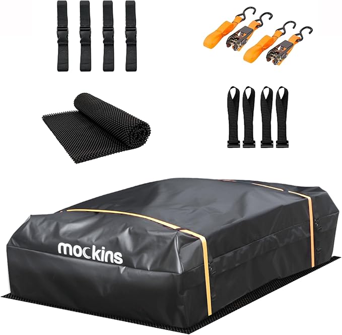 Mockins 25 CuFt Waterproof Rooftop Cargo Bag |60"x43"x17" All-Weather Car Roof Cargo Carrier Bag |Vinyl Car Roof Bag w/Mat, Straps & Door Hooks| Car Top Carrier for Vehicles with or Without Roof Rack