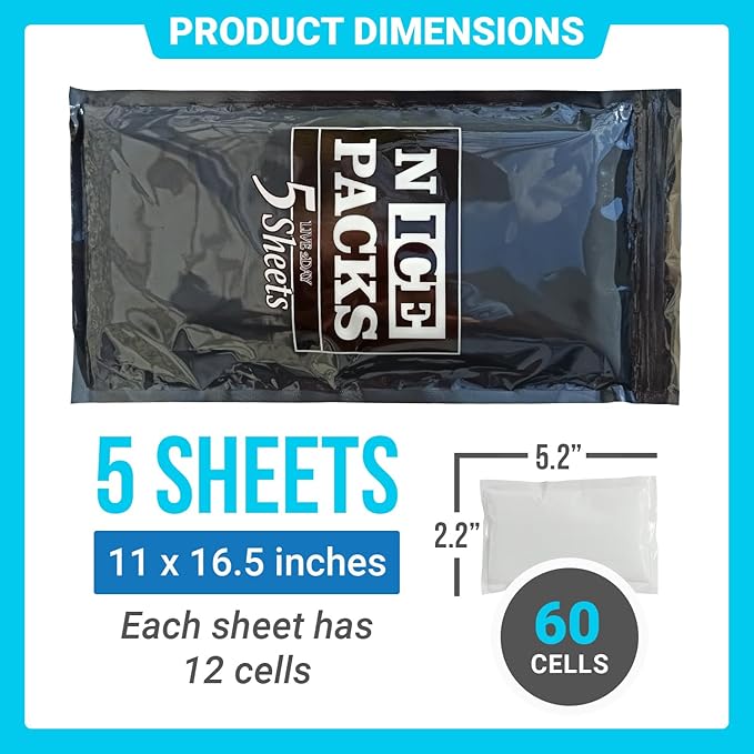 Nice Packs Reusable Dry Ice Packs for Coolers, Lunch Boxes, Frozen Food Shipping - Flexible and Long Lasting (5 Extra Large Sheets)