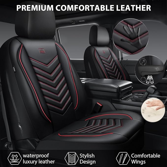 CAR PASS 3D Foam Faux Leather Car Seat Covers Full Set, Red Waterproof Leather Seat Cover for Cars,Luxury Universal Fit for SUV Truck Sedan Automotive,Armrest Airbag Compatible Anti-Slip,Black and Red