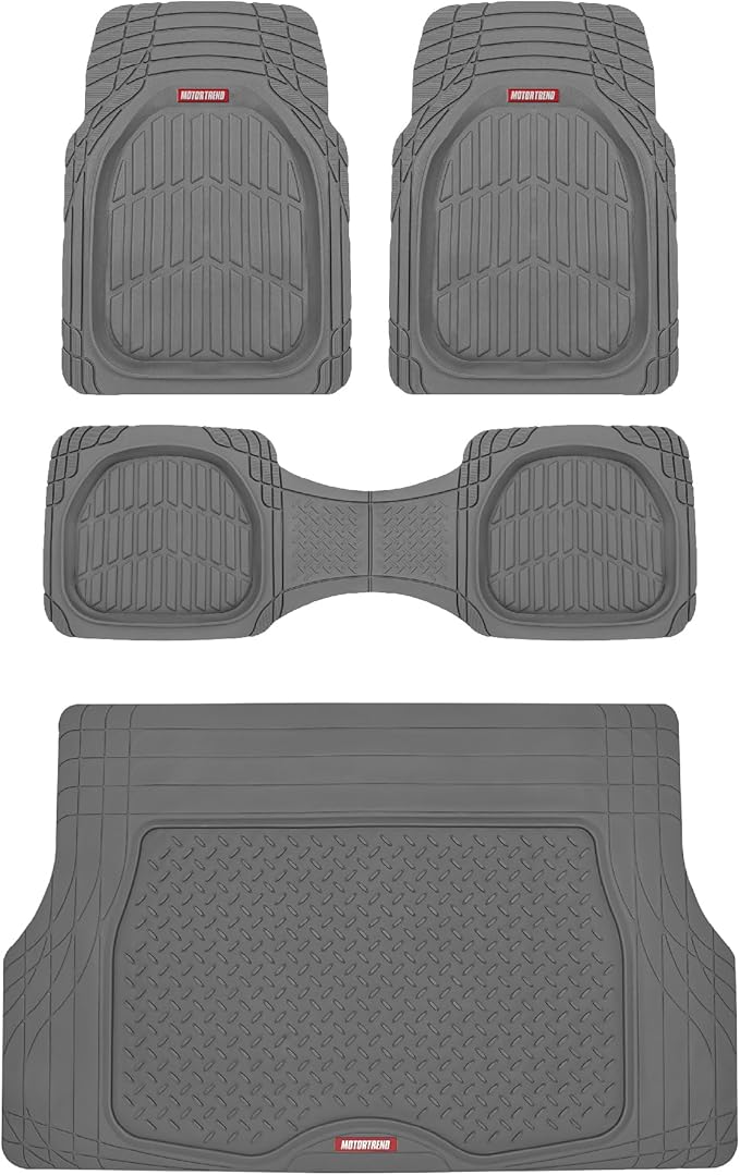 Motor Trend FlexTough 4-Piece Heavy Duty Floor Mats for Cars Trucks SUVs, Automotive Floor Mats Car Mats Full Set Front, Rear & Cargo, Trim-To-Fit Semi-Custom Deep Dish All Weather Rubber Mats - Gray