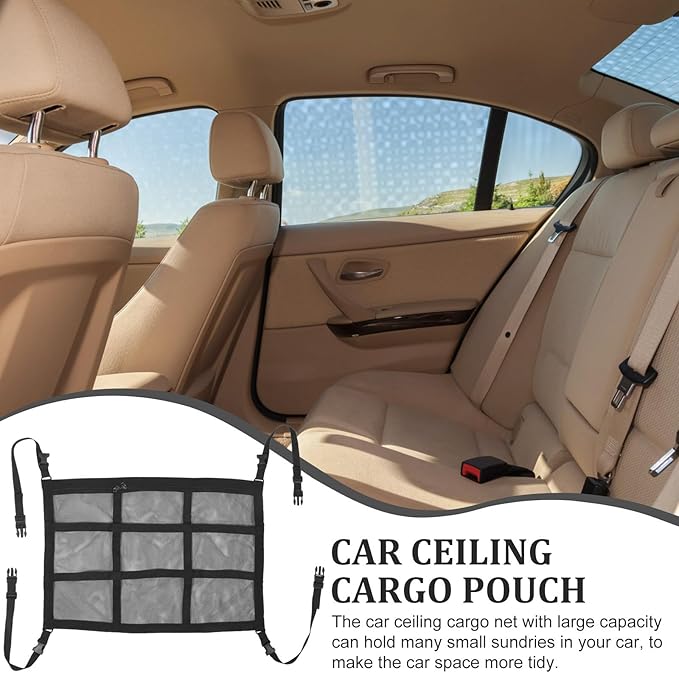 UPKOCH Car Roof Storage Bag with Double Zipper, 70x50cm Black Strap Car Ceiling Net Organizer Pouch for SUV and Truck Cargo, Sturdy Interior Auto Storage Solution for Travel and Camping