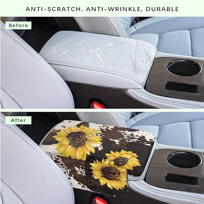 Wanyint Sunflower Brown Cow Print Auto Center Console Cover Non-Slip Armrest Cover Cushion Protector Wear-Resistant Arm Rest Cushion Protective Cover Universal Fit for Car Seat Organizer