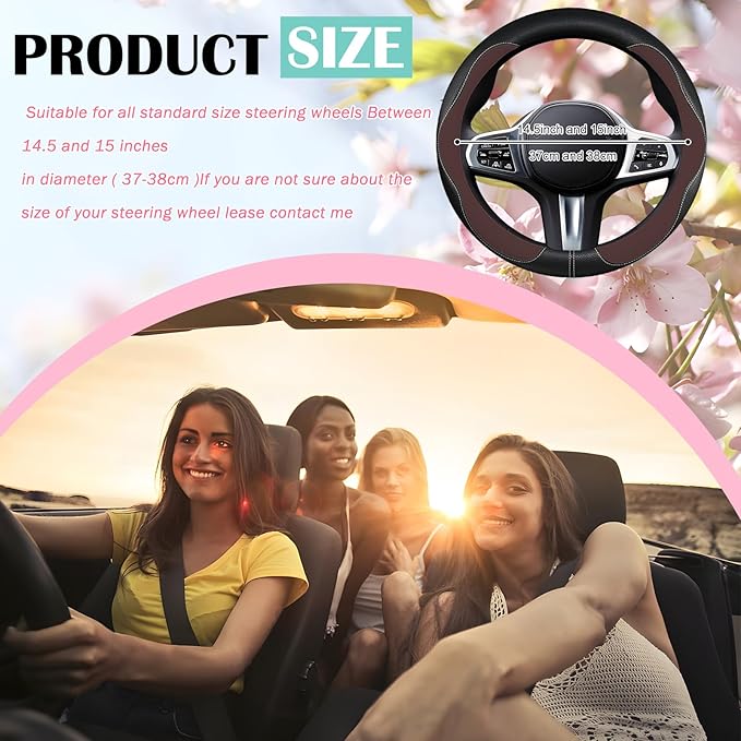 SuperKaKa Brown Car Steering Wheel Cover 2025, Universal Auto PU Cute Breathable Slip-Proof Comfort Imitation Leather Protector Cars Interior Accessories for Women Men Fit Most Vehicle