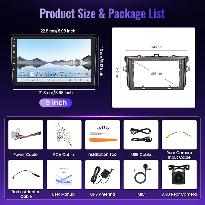 8-core 4G+64G Car Stereo for Toyota Corolla 2009-2013 with 9-Inch 1280P QLED Touchscreen 5G WiFi, Android Car Radio Carplay Android Auto BT5.1 DSP/Hi-Res Audio 5GWifi SWC GPS Backup Camera