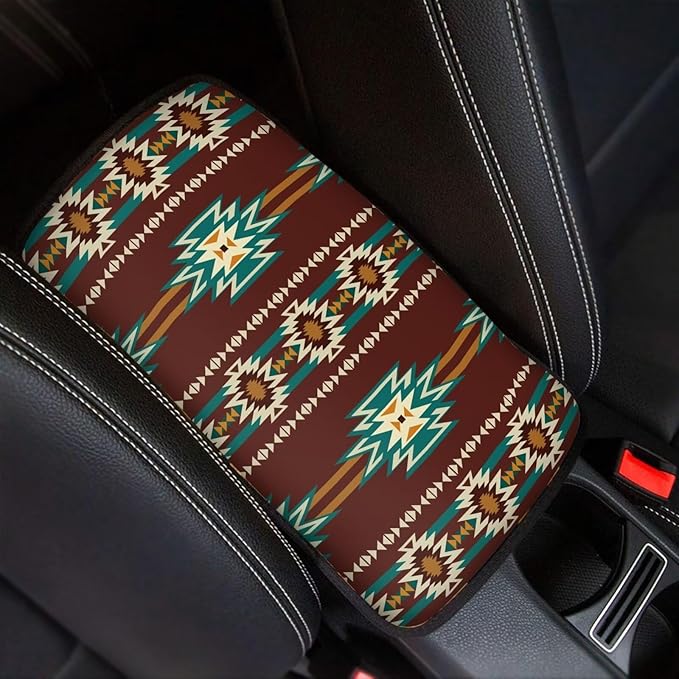 Dreaweet Aztec Car Center Console Cushion Pad,Universal Armrest Seat Box Cover Protector,Southwestern Native American Indian Tribal Pattern Car Accessories