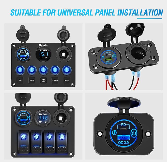 Nilight 2 Pack PD Type C and QC 3.0 USB Fast Outlet Panel with LED ON Off Touch Switch Fused Wire Kit for 12V 24V Cars Trucks RVs Motorcycles Buses Boats
