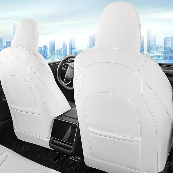 Customized Seat Cover for Tesla Model 3 2024 2025 Highland Long Range (Not for Performance) Nappa Leather Car Interior Airbag Compatible Cushion Cover Full Set (T3-White-24-25)