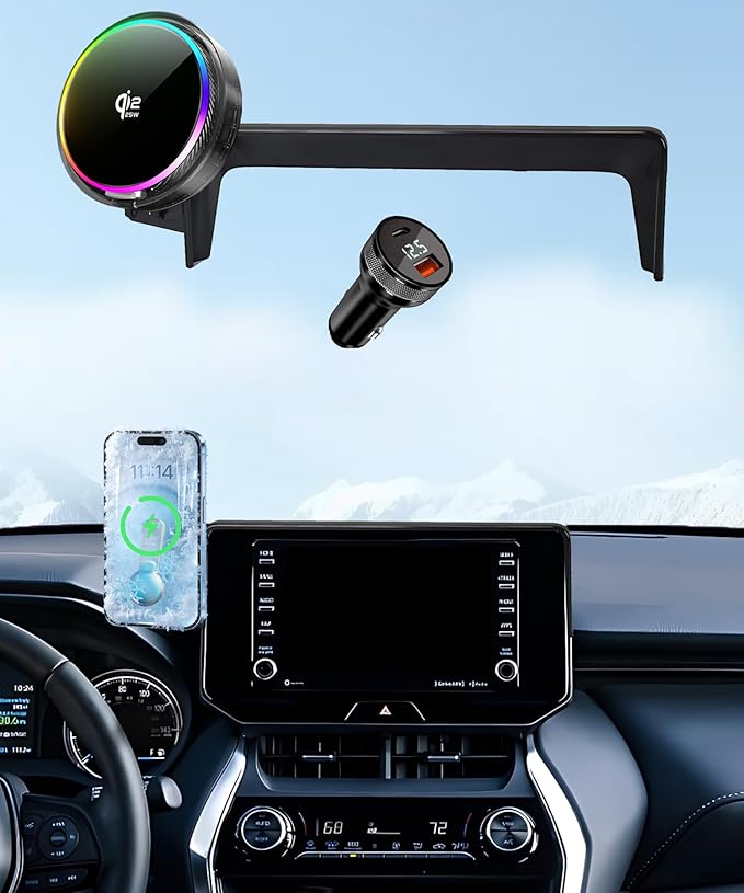 Qi2.2 25W Magnetic Car Mount Charger for 2021 2022 2023 2024 Toyota Venza Accessories, for Fast Charging Cell Phone Holder 8 Inch Screen Fixed Clip with Cooling Fan＆54W Fast Adapter