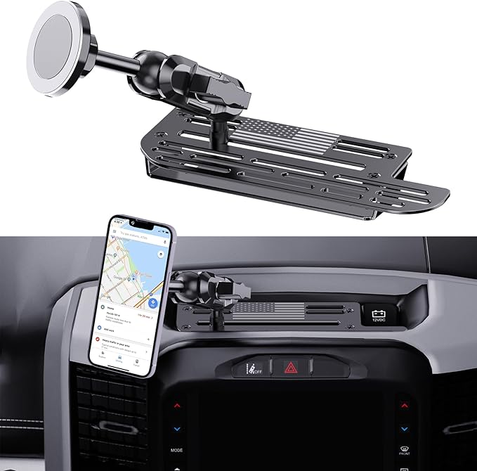 Stainless Steel Phone Mount for 2019+ Ram 1500/2500/3500/TRX, Magnetic & Clamp Dual Heads, All-Metal Shakeproof Unique America Flag Design OEM Screw Hole Dash Mount Install Super Stable