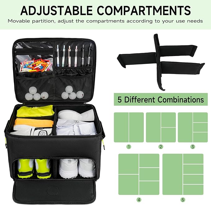 Golf Trunk Organizer, 2 Layers Golf Accessories Bag for Men, Waterproof Car Golf Storage Organizer with Compartment for 2 Pairs of Shoes, Golf Gifts for Men Women, Black