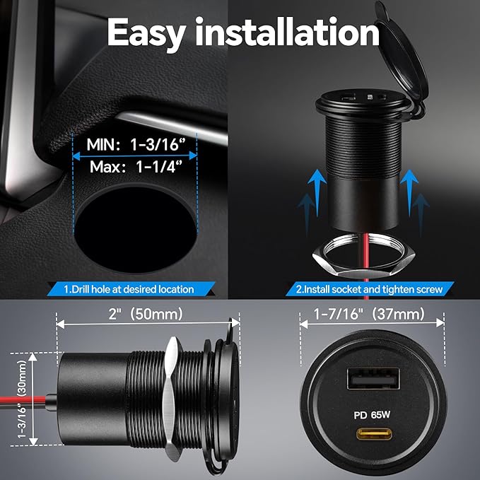 Acegoo 83W 12V USB Outlet PD 65W Type-C QC3.0 18W USB-A Dual Port Fast Charging Socket for Laptop, Waterproof Car Charger Replacement Accessories for RV Camper Trailer Boat Truck Golf (2 Pcs)