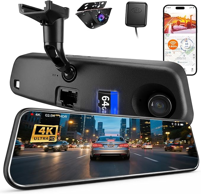 KCV 4K Rear Mirror Dash Cam for Ford F150 F250 F350 (2009-2025 with 16pin Auto dimming), Front 4K + Rear 1080P Camera, Integrated Replacement OEM Look, Plug & Play, Free 64GB Card