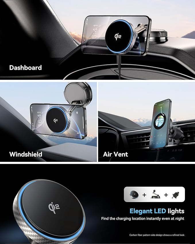 Q2 15W for Magsafe Car Mount Charger, [78+LBS Stronger Vacuum Suction] 360° Adjustable & Fast Charging Magnetic Phone Holder for Vent/Dashboard/Windshield/All Car Surface