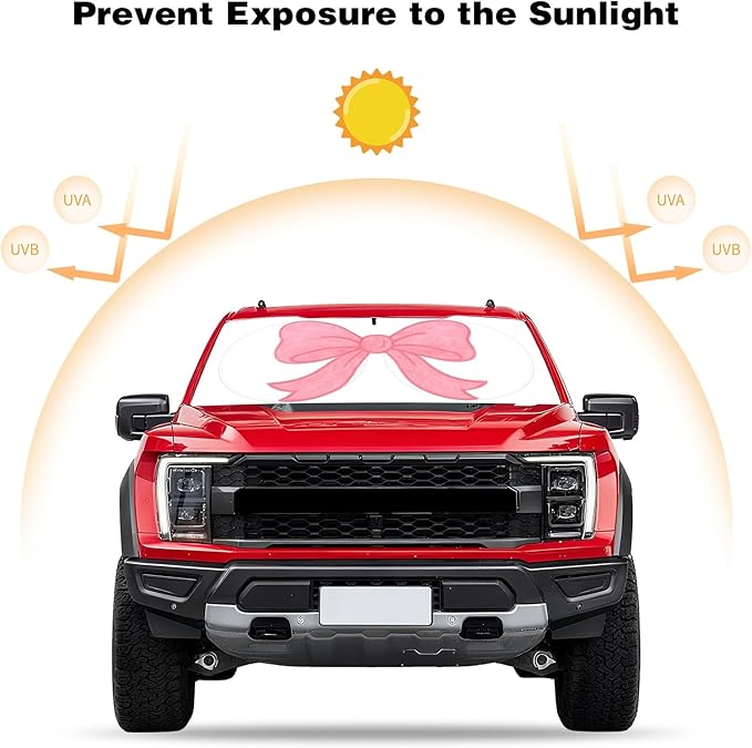 Car Windshield Sun Shade, Car Sun Shade Cute Bow Visor for CarWindshield, Wear-Resistant Black Tape, Foldable 59'x27.5'/63''x31.5''