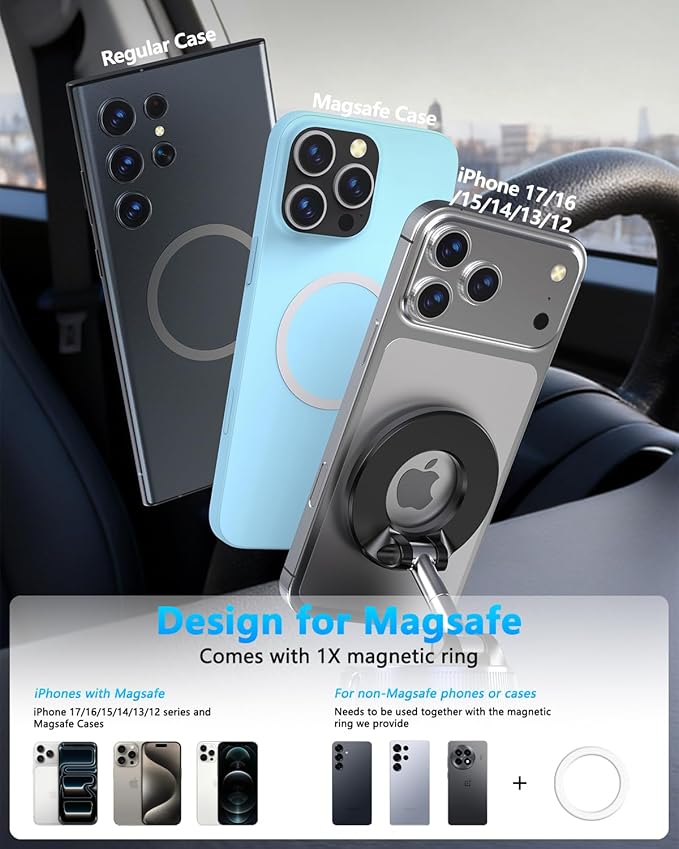 VIPWISE Magnetic Phone Holders for Your Car [89+LBS Suction & 3200gf Magnetic] 360° Adjustable Magsafe Car Phone Mount, Vacuum Suction Cup Car Mount for iPhone 17 Pro Max 16 15 14 13 12 Air Plus
