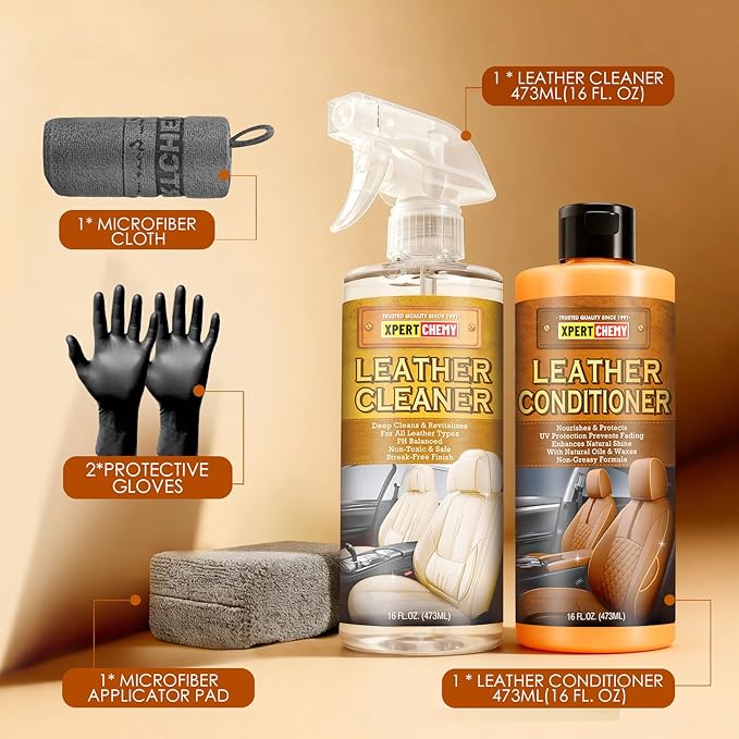 Leather Cleaner and Conditioner Kit, Leather Care for Car Seats, Furniture, Couches, Boots, Bags & More, Safe for Any Color, 2 x 16oz