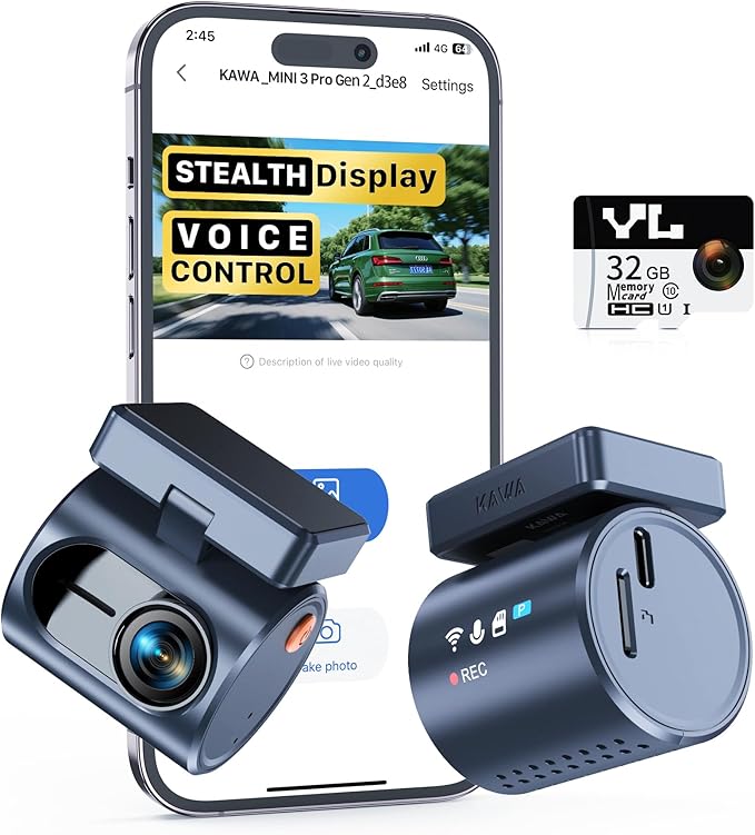 KAWA 2K Dash Cam for Cars with Voice Control - Stealth Display Tiny Dashcam Front Included 32GB Micro SD Card, Super Night Vision, 1296P QHD, G-Sensor, Built in WiFi & App Car Camera