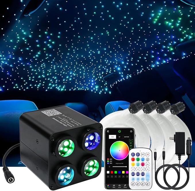 AKEPO 36W 4 Color Twinkle Fiber Optic Starlights Headliner Lights Kit, Optical Fibers Music Sync Bluetooth APP Control Starlight Kit, 1500pcs*13.1ft
