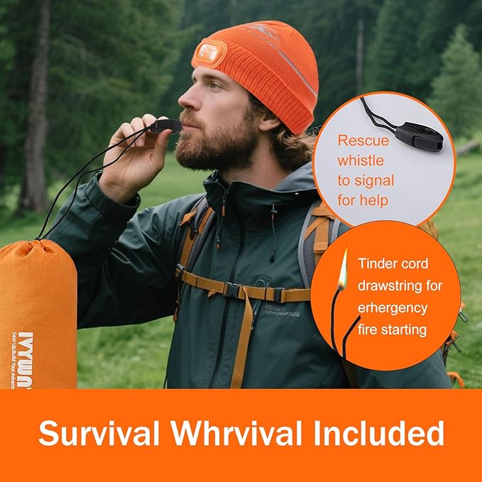 Emergency Sleeping Bag & LED Beanie Hat Set, Waterproof Thermal Mylar Bivy Sack, Portable Survival Gear for Hiking, Camping, Bug-Out Bags & Emergency Kits
