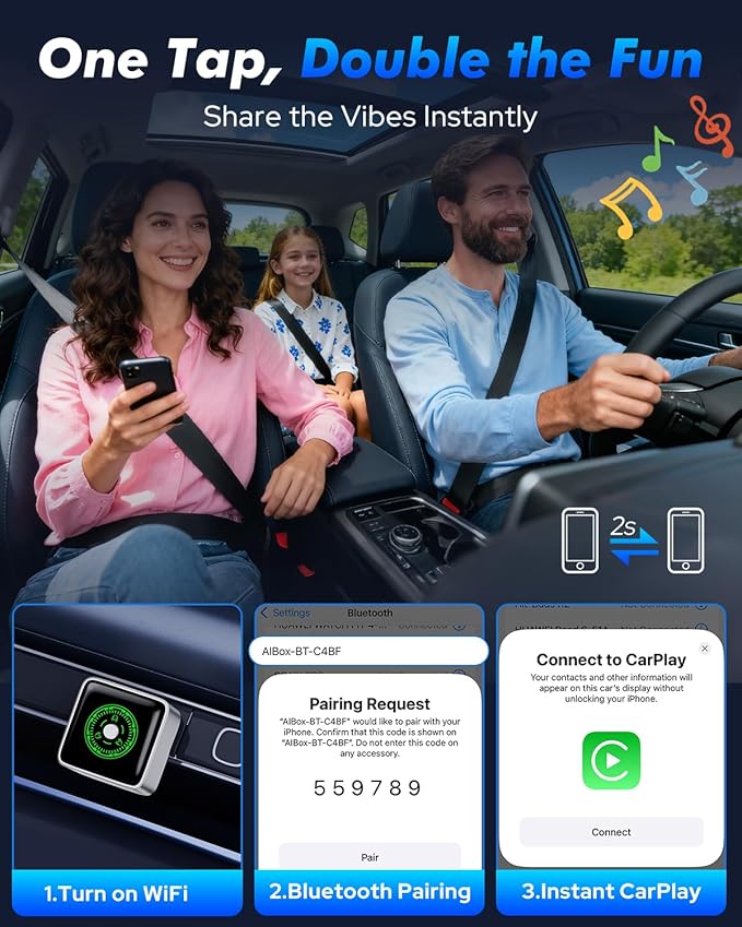 Wireless CarPlay Adapter - 1-Click Multi-Device Switch for Family Rides, Fast Auto Reconnect, CarPlay & Android Auto, iOS 10+/Android 11+, Multifunctional Button, OTA Upgrade