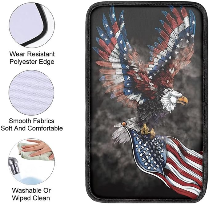 Eagle American Flag Soft Armrest Seat Box Cover Car Armrest Cushion Car Decor Protective Car Accessories Universal Fit for Most Cars, Vehicles, SUVs