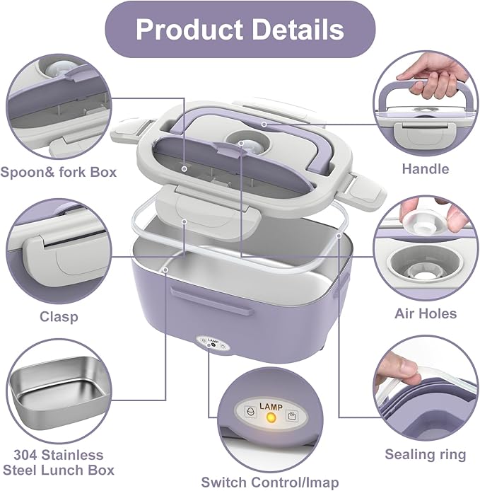 Electric Lunch Box Food Heater, 3 in 1 Ultra Quick Heated Lunch Boxes for Adults, 12V/24V/110V Portable Food Warmer for Car/Truck/Office With Fork Spoon and Insulated Carry Bag, Gifts for Men