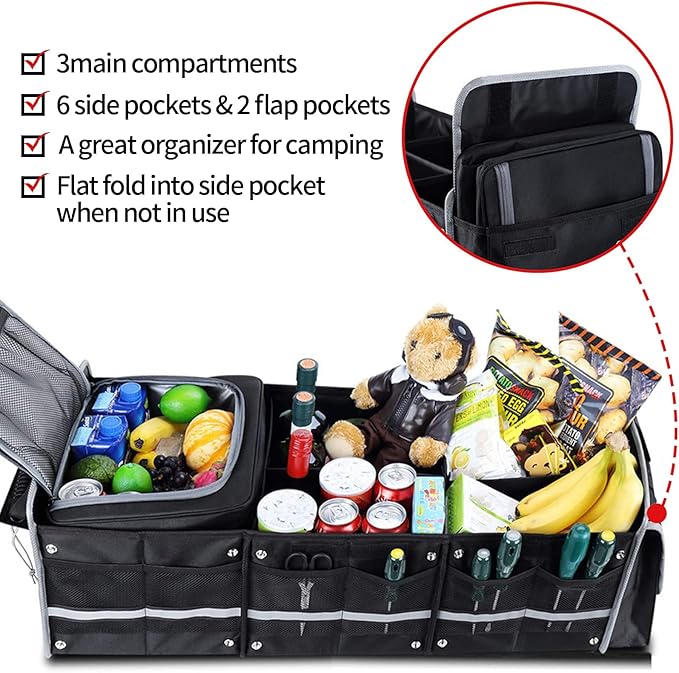 Car Trunk Organizer with Cooler Bag, Collapsible Multi-Compartment Car Organizer for SUV, Truck, Durable Car Storage Organizer for Groceries, Camping, Christmas Gifts (Black)