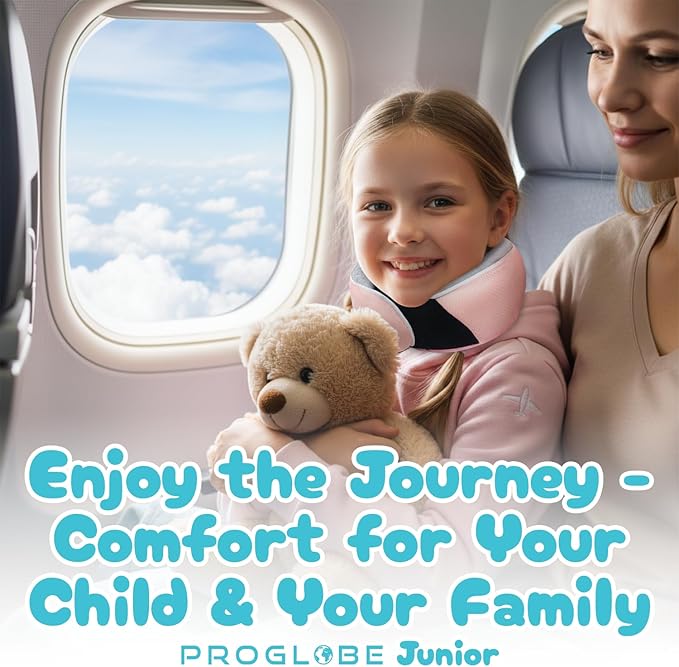 Proglobe Junior Kids Travel Neck Pillow - Ergonomic Memory Foam Pillow for Airplane, Car, Booster Seat - Soft, Washable, Compact Travel Pillow with Strap - Light Pink - Ages 4-13