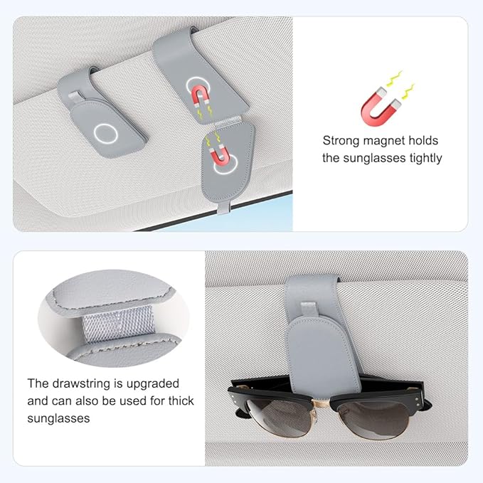 Sotfamily Sunglass Holder for Car Visor, Suede Cloth Magnetic Sunglass Organizer for Car Accessories, 2 Packs, Light Gray