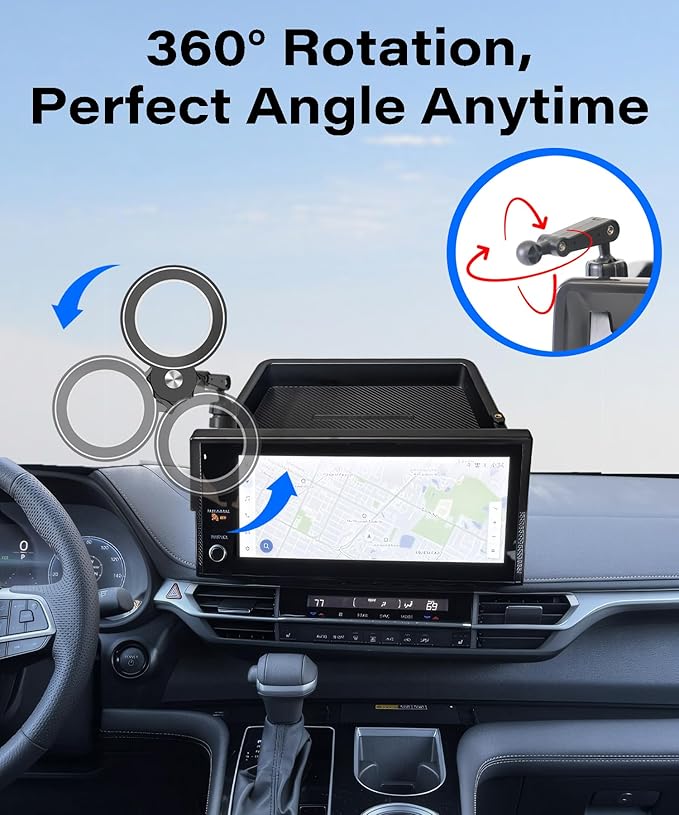 Car Phone Holder for 2025 2026 Toyota Sienna Accessories Apply to 8/12.3 Inch Screen Fixed Clip Magnetic Cell Phone Mount Hands-Free 360 Degree Rotation with Dashboard Storage Tray