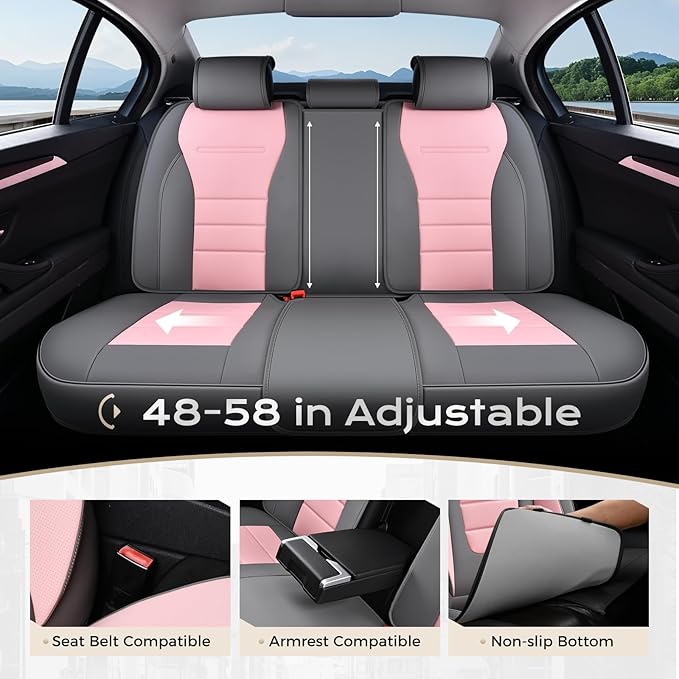 Coverado Car Seat Covers Full Set, Nappa Leather Seat Covers for Cars, Car Seat Protector Car Seat Cushion, Front and Back Seat Protectors Cushions Universal Fit for Most Cars Vehicles(Gray&Pink)