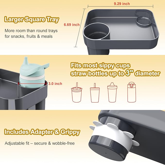 Car Seat Snack Tray for Toddlers - 3 Inch Cup Holder Fits Most Sippy Cups & Straw Bottles with Dip Well, Mess-Free Square Kids Travel Tray Road Trip Essentials, Dark Grey