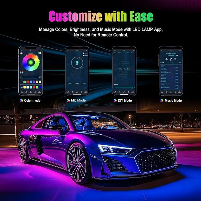 2 Pack Car LED Lights Interior, Ambient Lighting Car with Smart APP Control, Multicolor Interior LED Lights with Music Mode for Truck Jeep SUV, DC 12V