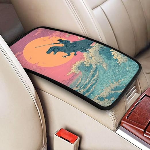Cat Riding T-Rex Car Auto Armrest Cushion Cover Accessories Center Console Seat Box Pad Protector Universal Decoration for Most Vehicle SUV Truck