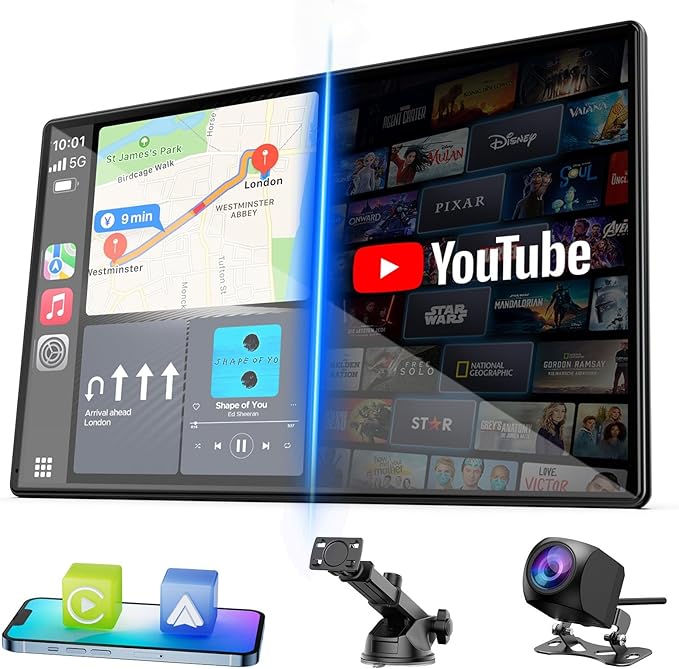 LAMTTO 9" Wireless CarPlay Screen with Net-Flix YouTube Apps Portable Car Play Screen for Apple Carplay and Android Auto with Backup Camera Navigation Bluetooth Voice Control AUX Siri