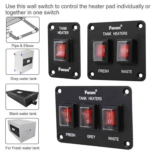 Facon 12Volts Switch Box Panel, 30Amps Rocket On&Off Switch with Red Indicator Light for RV Tank System, IP66 Waterproof Control Gang Kit System for RV Tank Heating Pad