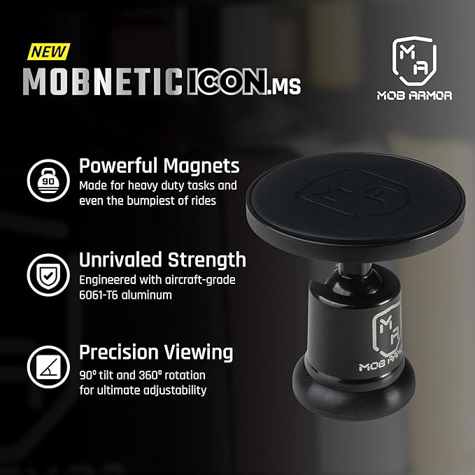 MobNetic Icon.MS MagSafe Compatible Phone Mount, Magnetic Phone Holder for Car w/ 90lb Pull Force, 90º Tilt & 360º Rotation, Aluminum Build, Compatibility for iPhone & Android (Obsidian Black)